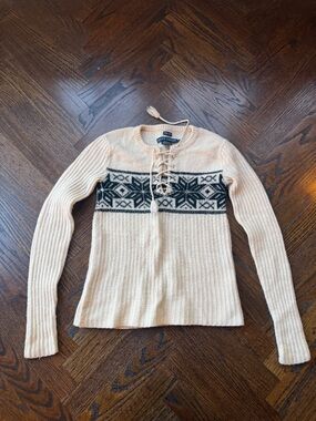 Ralph Lauren blue labelLace-Up Fair Isle Hand knit Sweater - Cream & Black